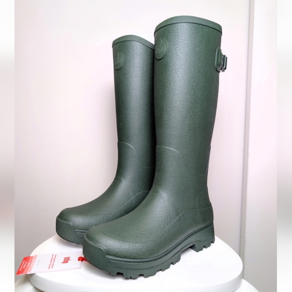 FitFlop Wonderwelly Deep Green Waterproof Tall Rubber Lug Sole Rain Boots Size 6 - Picture 3 of 13